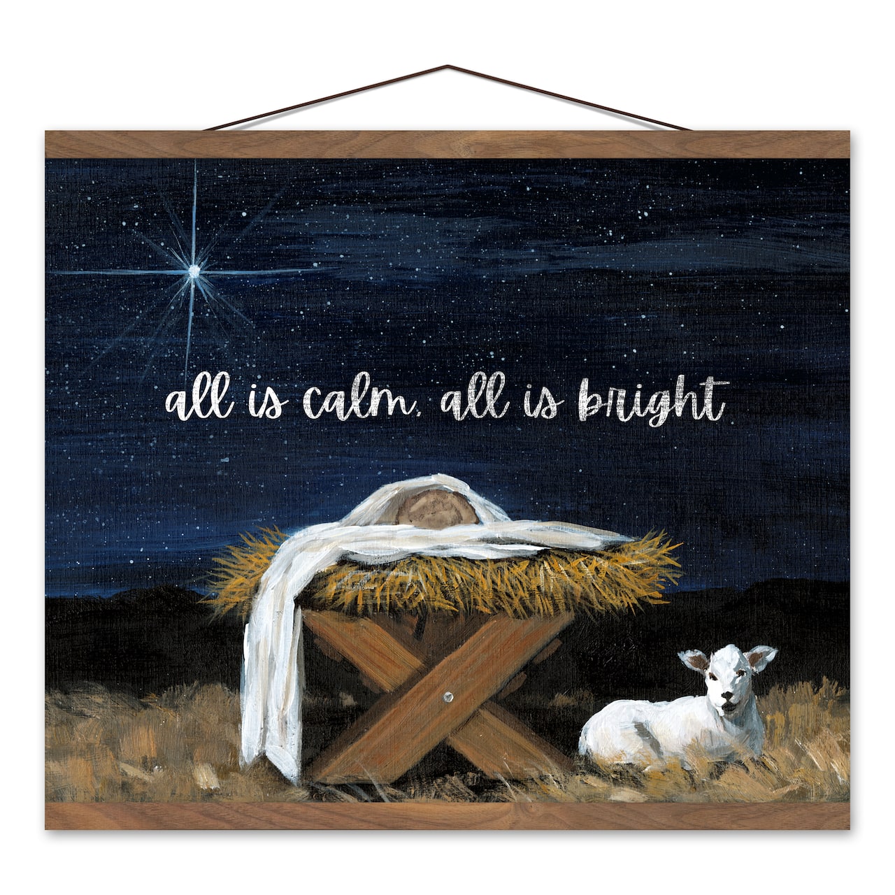 All is Calm All is Bright Nativity Teak Hanging Canvas